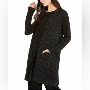 Eileen Fisher Long Black Metallic Cardigan Sweater Merino Wool Pockets Medium